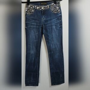 Virgin Only Dark Wash Distressed Low Rise Bejeweled Jeans size 28